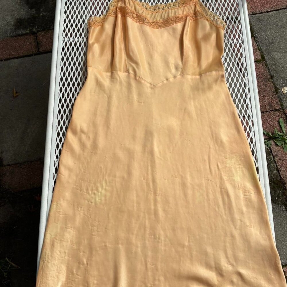 Vintage handmade slip dress, muted creamsicle satin With lace details
